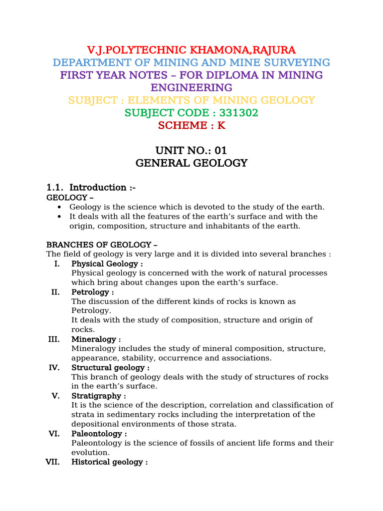 Elements of Mining Geology Notes | PDF | Minerals | Crystal Structure