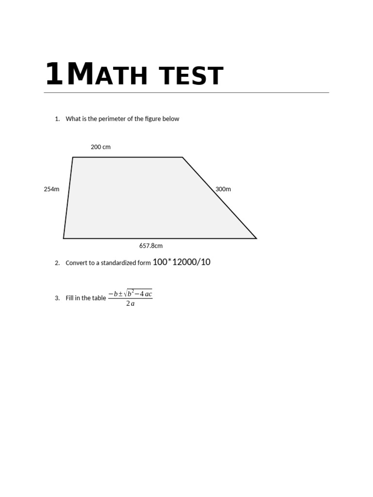 Math Test: Perimeter & Standard Form | PDF