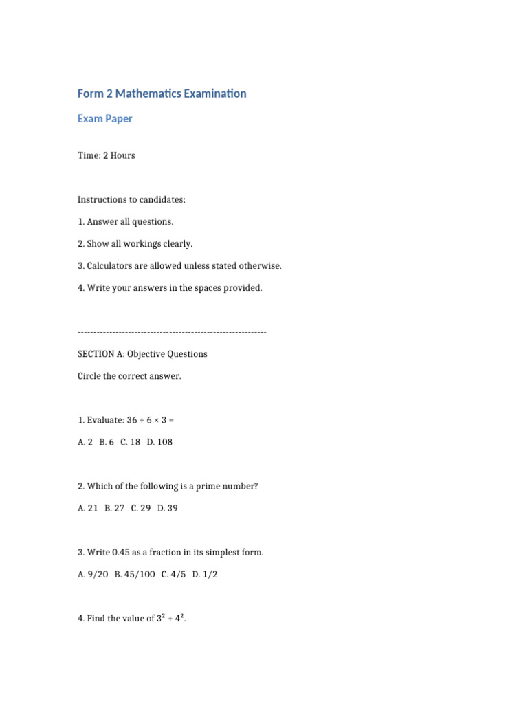 Form 2 Mathematics Exam Paper | PDF | Mathematics | Arithmetic