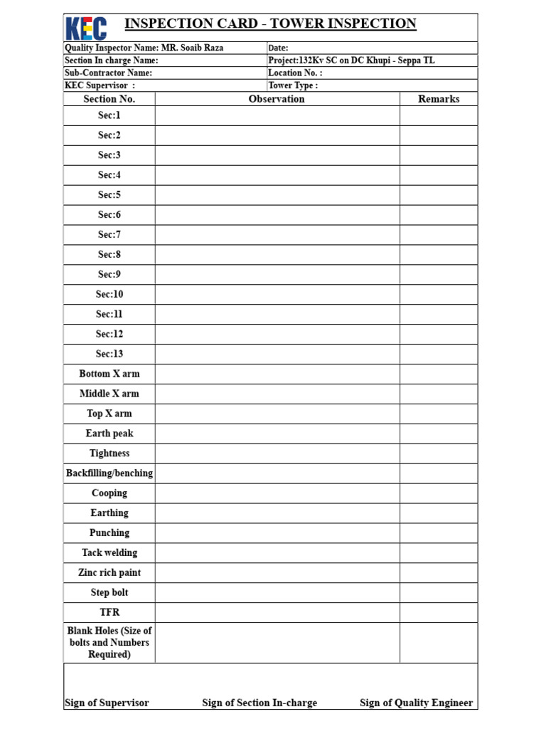 Tower Inspection Card Template | PDF