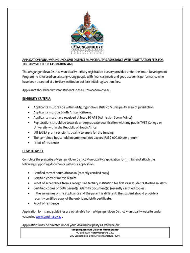uMgungundlovu Tertiary Bursary Application 2026 | PDF