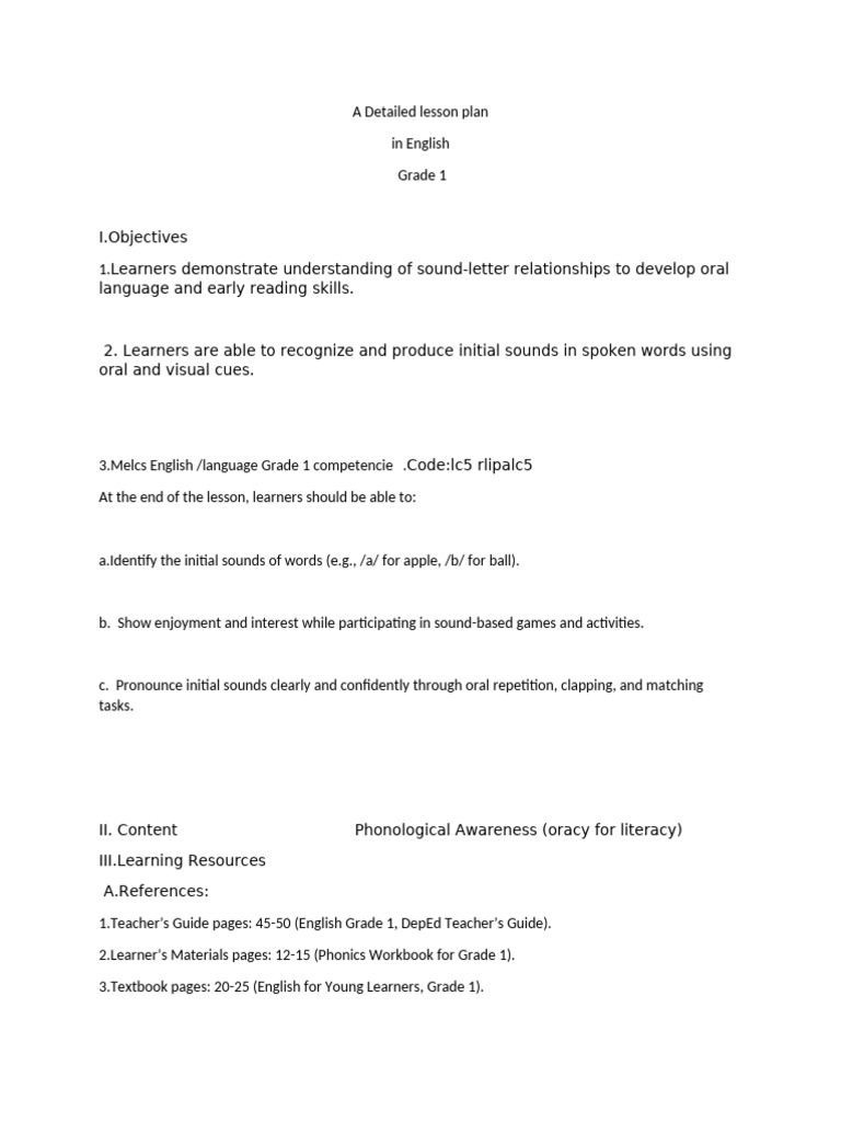 Grade 1 Phonological Awareness Lesson Plan | PDF | Phonics | Word