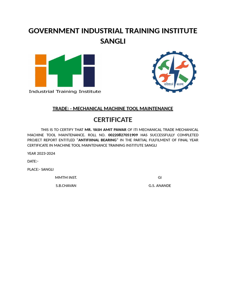 Certificate in Mechanical Tool Maintenance | PDF
