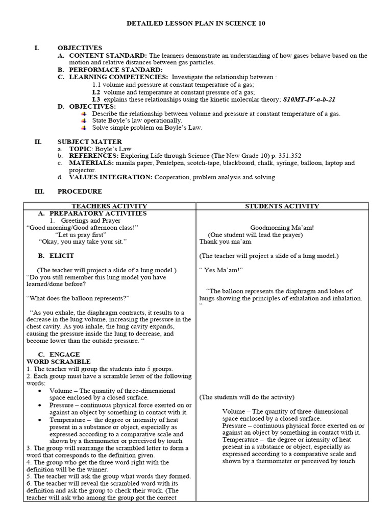 Boyle's Law Lesson Plan for Science 10 | PDF | Gases | Pressure