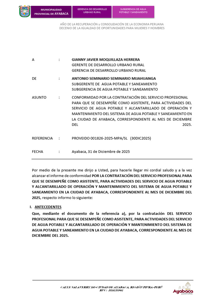Conformidad para Servicio de Agua Ayabaca | PDF | Alcantarillado ...