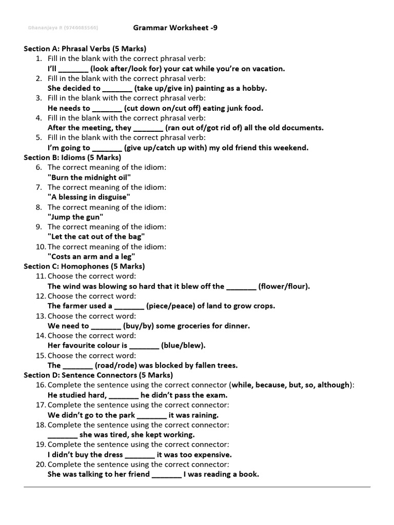 Grammar Worksheet 9 1 | PDF | Linguistics | Grammar