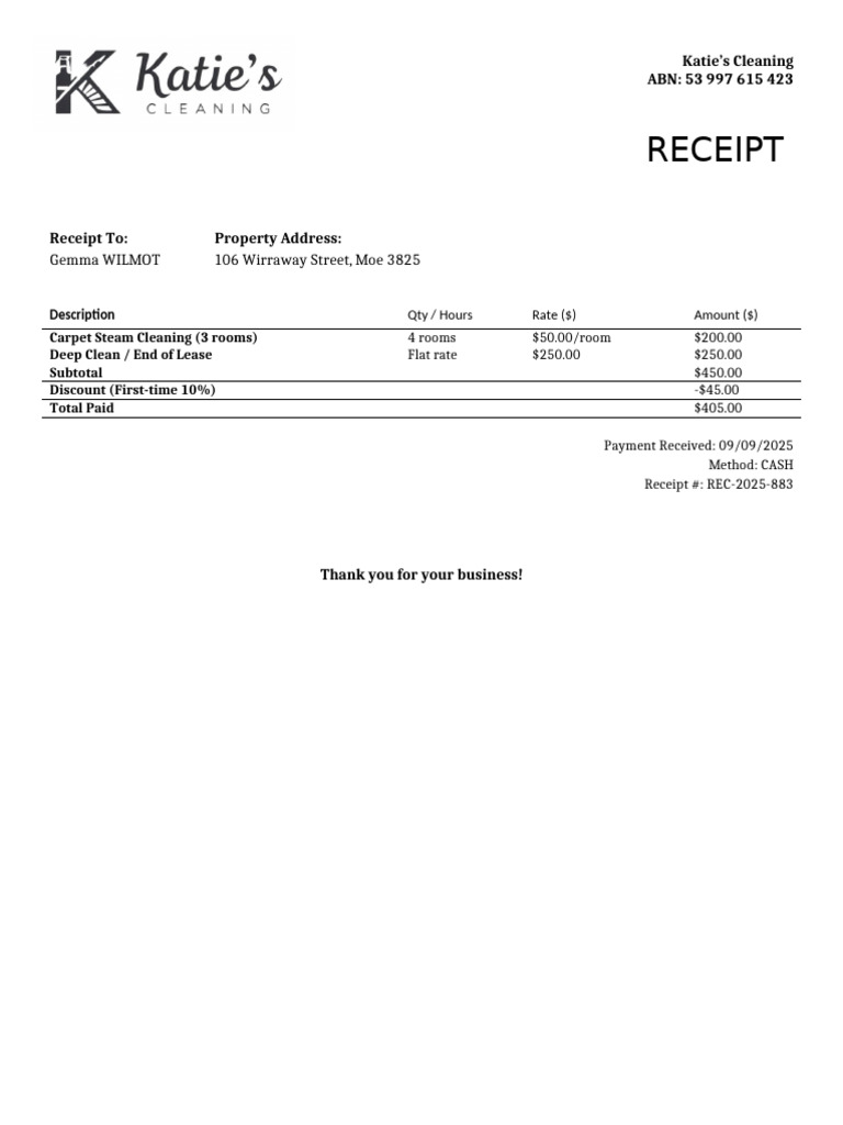 Katie's Cleaning Receipt for Services | PDF