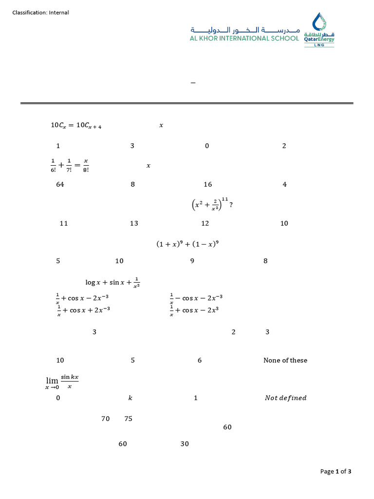 Class 11 Mathematics Practice Worksheet | PDF | Mathematics