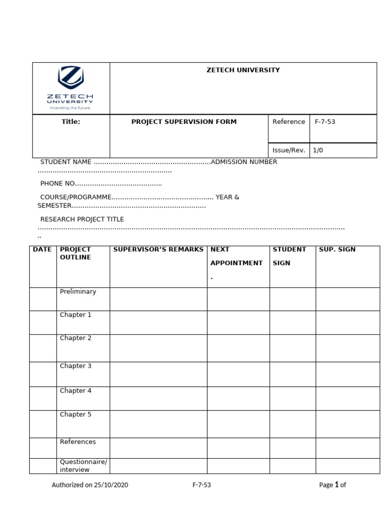 Project Supervision Form Template | PDF