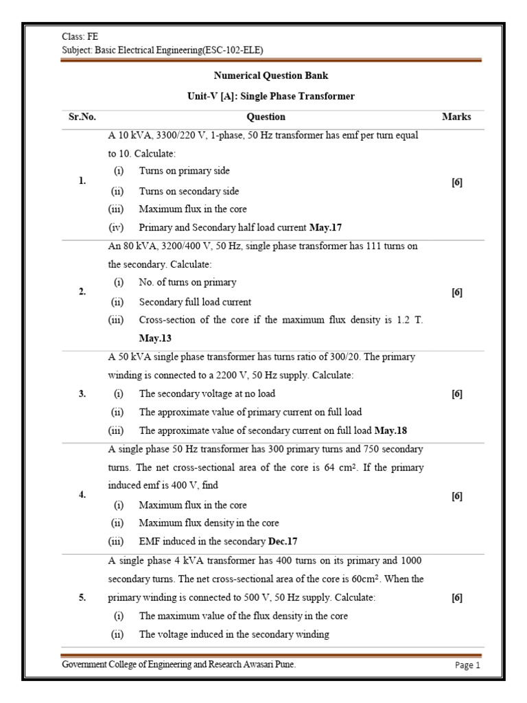 BEE Unit-V Numerical Question Bank | PDF | Transformer | Electricity