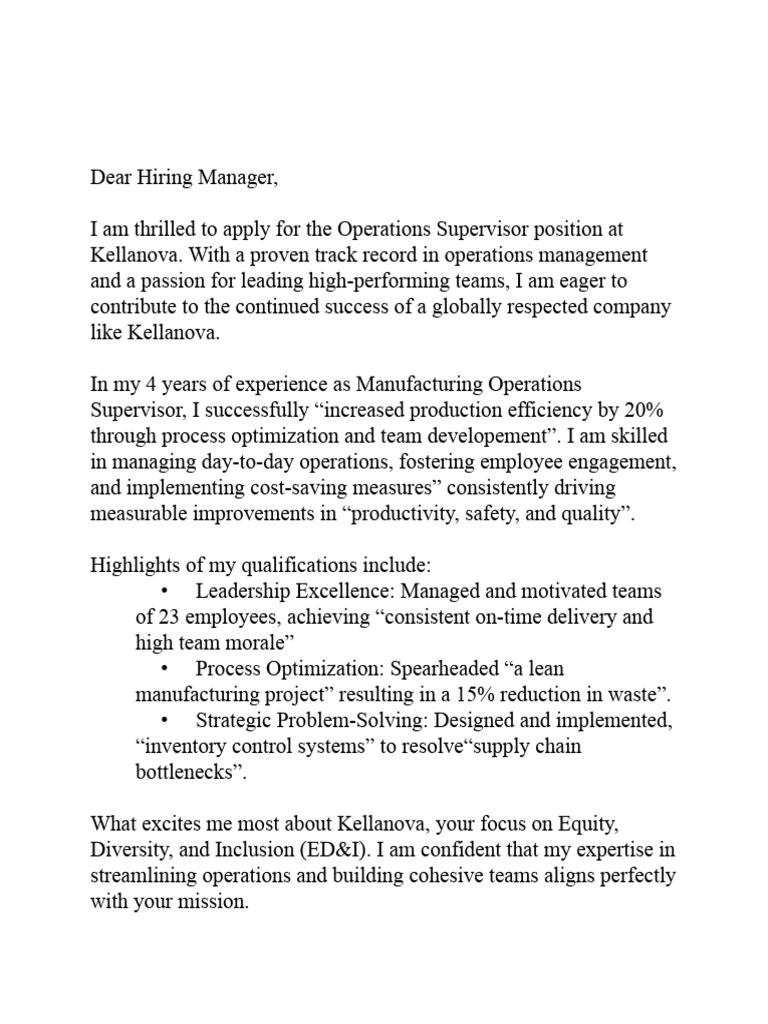 Operations Supervisor Application for Kellanova | PDF