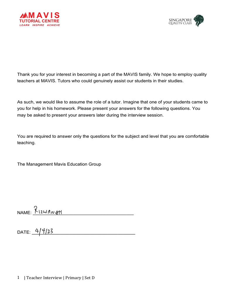 Mavis Teacher Primary Interview Test Completed | PDF | Water