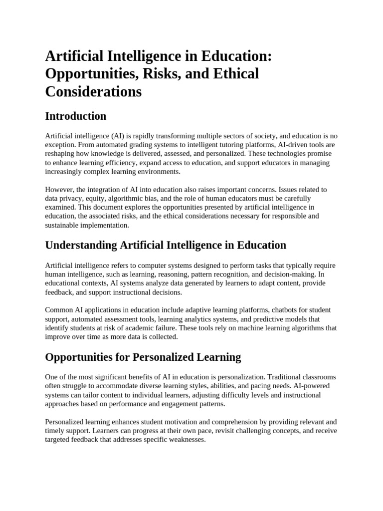 AI in Education: Benefits and Risks | PDF | Artificial Intelligence ...
