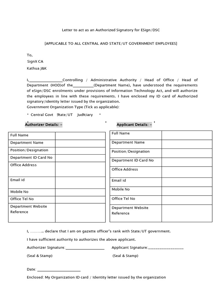 Authorized Signatory Letter for ESign/DSC | PDF
