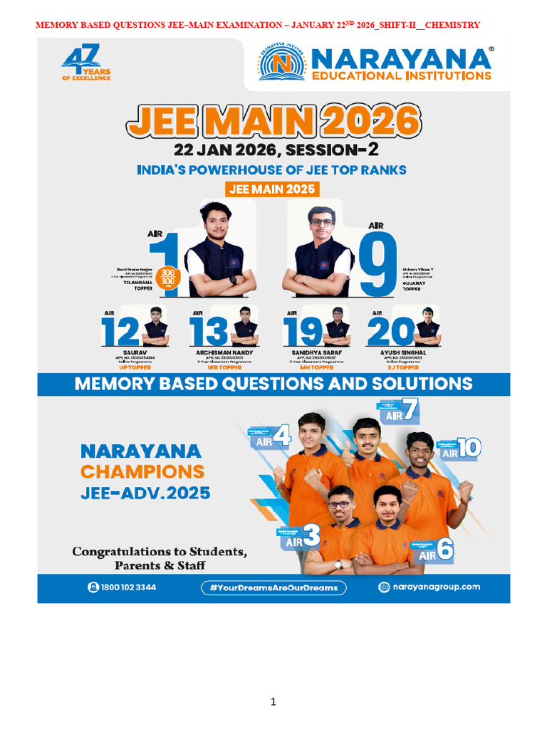 JEE Main 2026 Chemistry Memory Questions | PDF | Chlorine | Physical ...