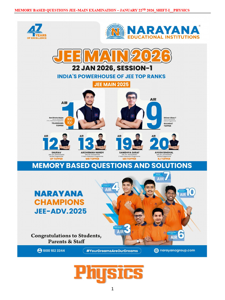 JEE Main 2026 Physics Memory Questions | PDF | Electromagnetism | Mechanics