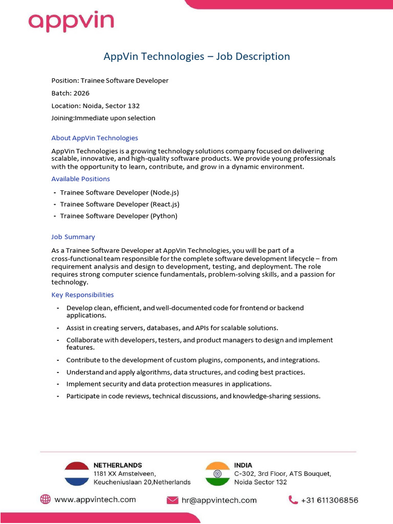 Trainee Software Developer Jobs at AppVin | PDF | Software Development ...