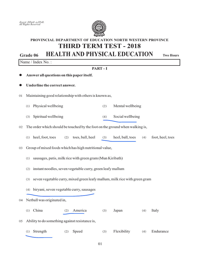 Grade 06 Health 3rd Term Test Paper 2018 English Medium – North Western ...