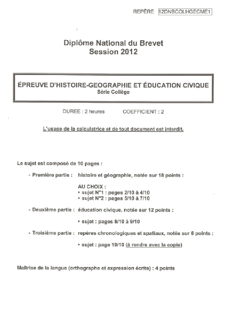 Sujet Brevet Blanc Histoire Geographie Sujet Histoire Geo Brevet 2012 | PDF
