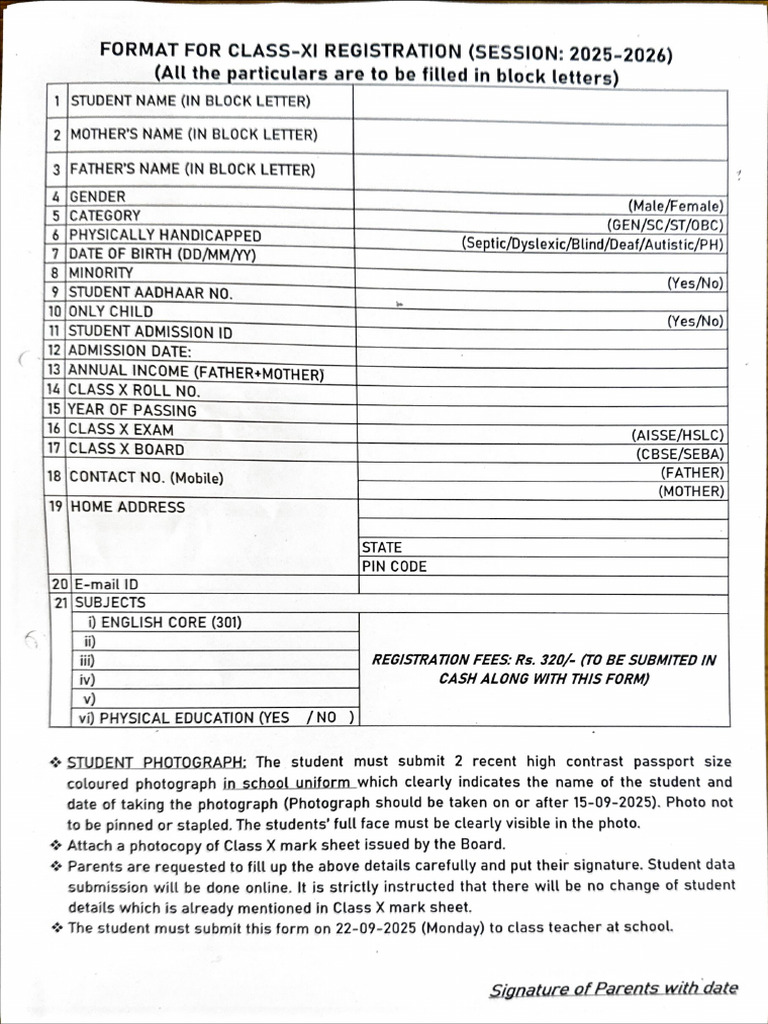 Class XI Registration Form | PDF