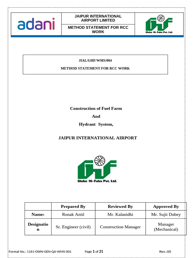 RCC Work Method Statement for Jaipur Airport | PDF | Concrete ...