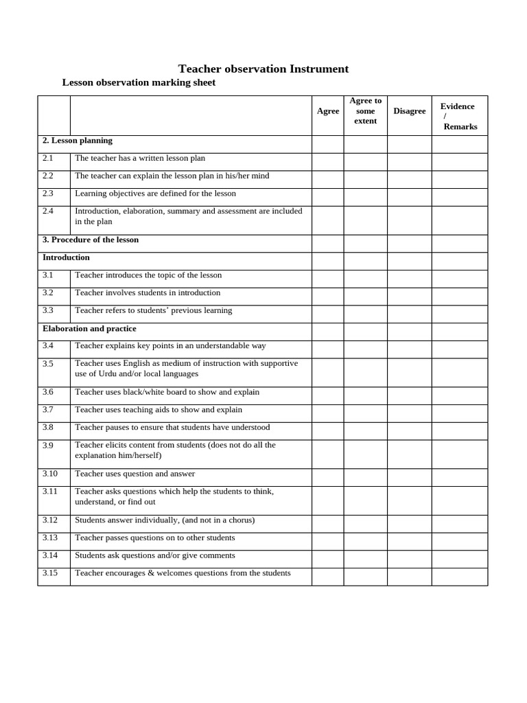 Teacher Observation Marking Sheet | PDF | Teachers | Lesson Plan