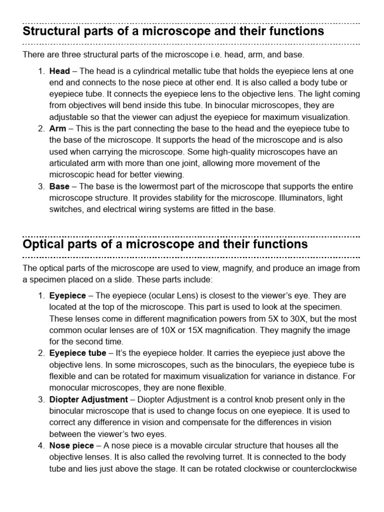 Microscope Parts and Functions Explained | PDF | Light | Optics