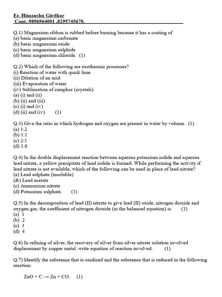 Chemistry Questions and Reactions Guide | PDF | Oxide | Chemical Reactions