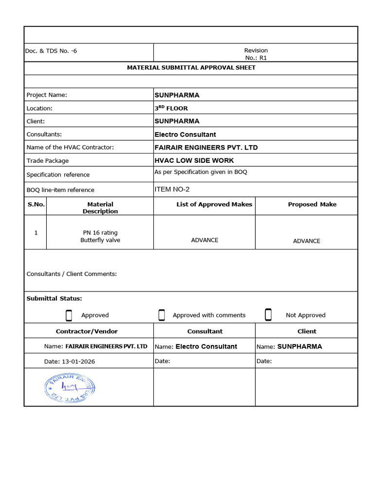 HVAC Material Submittal Approval Sheet | PDF