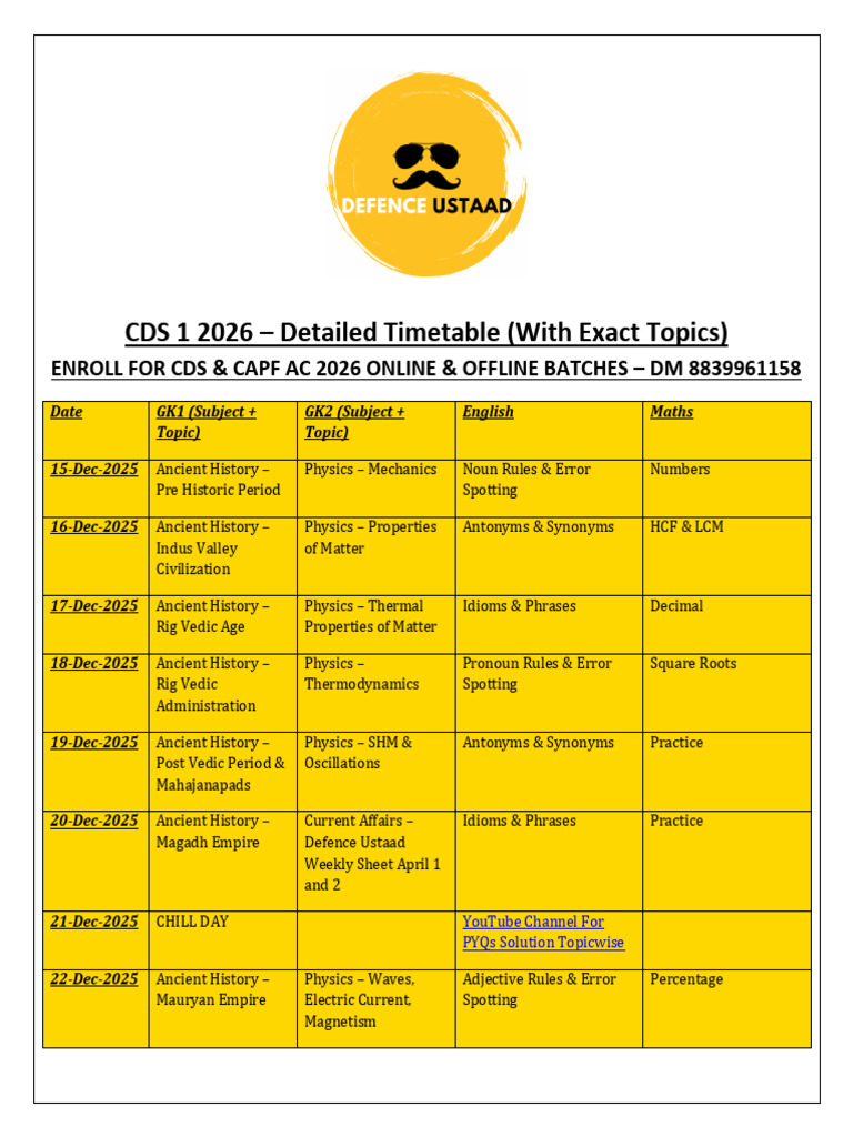 CDS 2026 Timetable with Topics | PDF | Oceans | Physics