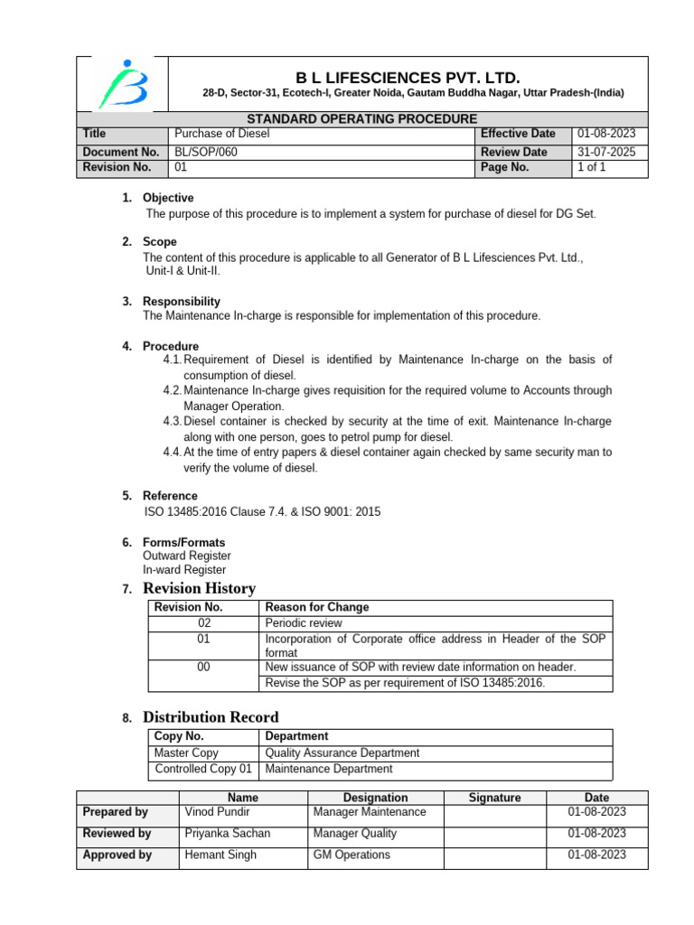 Diesel Purchase SOP for B L Lifesciences | PDF