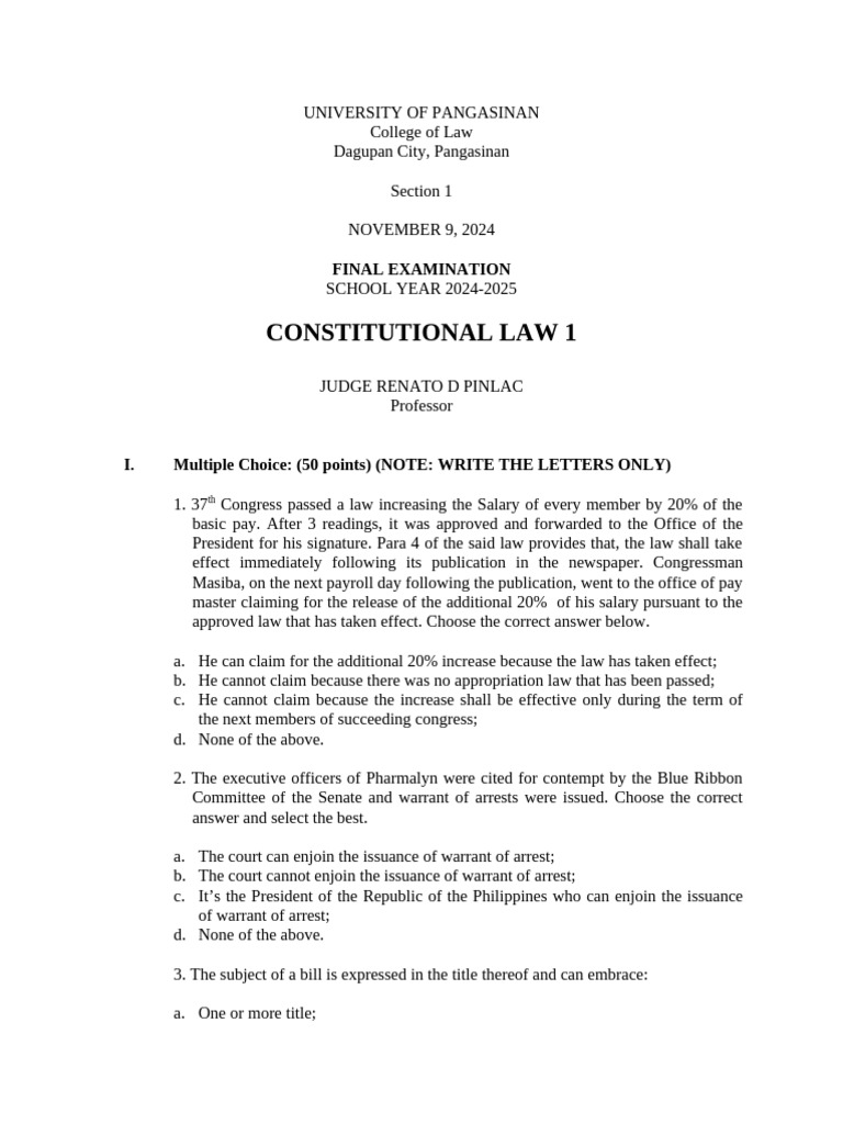 Pangasinan Law School Final Exam 2024 | PDF | Presidents Of The United ...