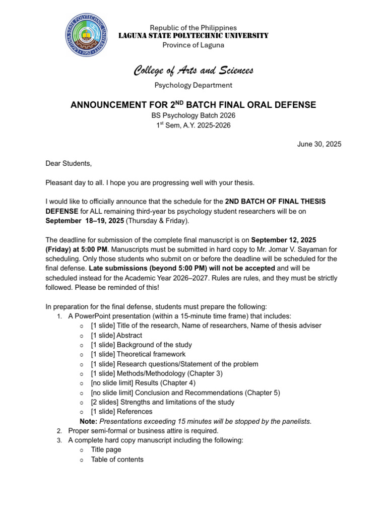 BS Psychology Final Defense Announcement | PDF | Thesis | Science
