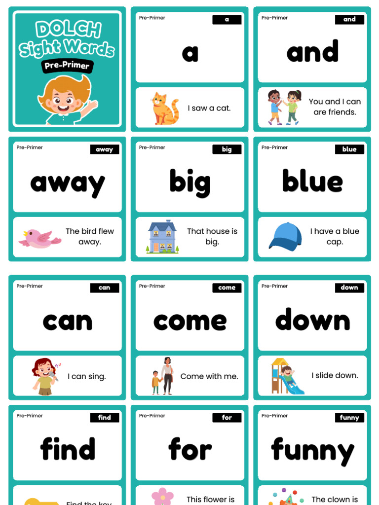 Pre-Primer Dolch Sight Word Flashcard in Teal Cartoon Style | PDF