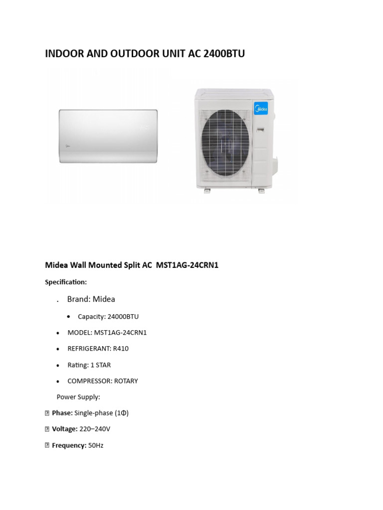Midea 24000BTU Split AC Specifications | PDF