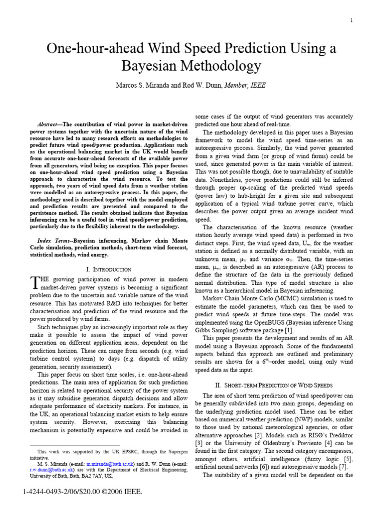 One-Hour Wind Speed Prediction Using Bayesian | PDF | Statistics | Time ...