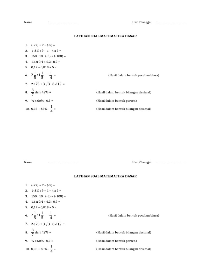 Latihan Soal Matematika Dasar | PDF