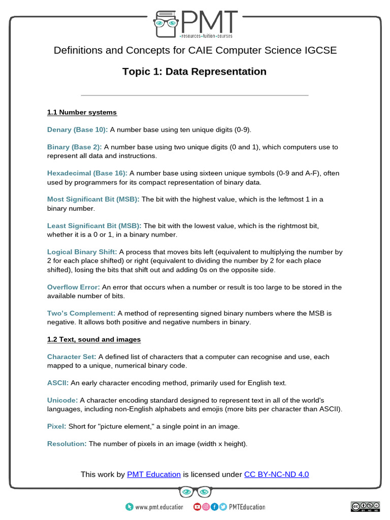 CAIE IGCSE Computer Science: Data Representation | PDF | Key ...
