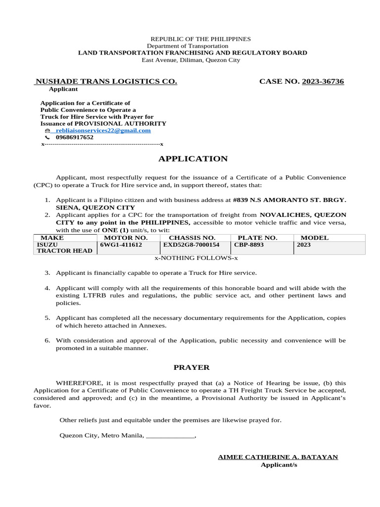 Application for Truck Hire Service CPC | PDF | Transport