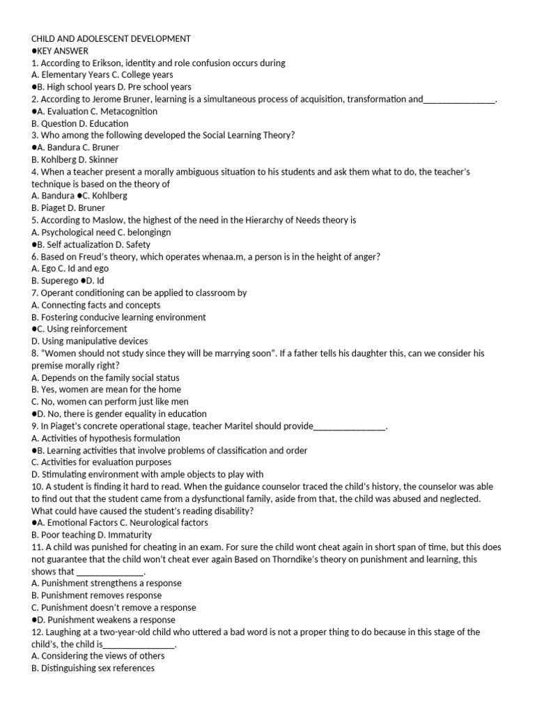 Child and Adolescent Development Quiz | PDF | Psychology | Learning