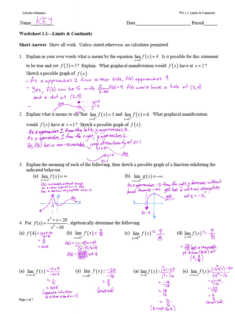 Limits and Continuity Worksheet | PDF | Function (Mathematics ...