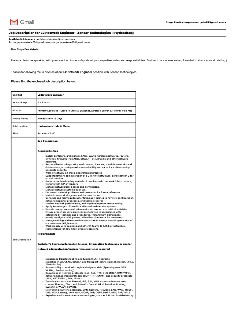 L2 Network Engineer Job Description - Zensar | PDF | Computer Network ...