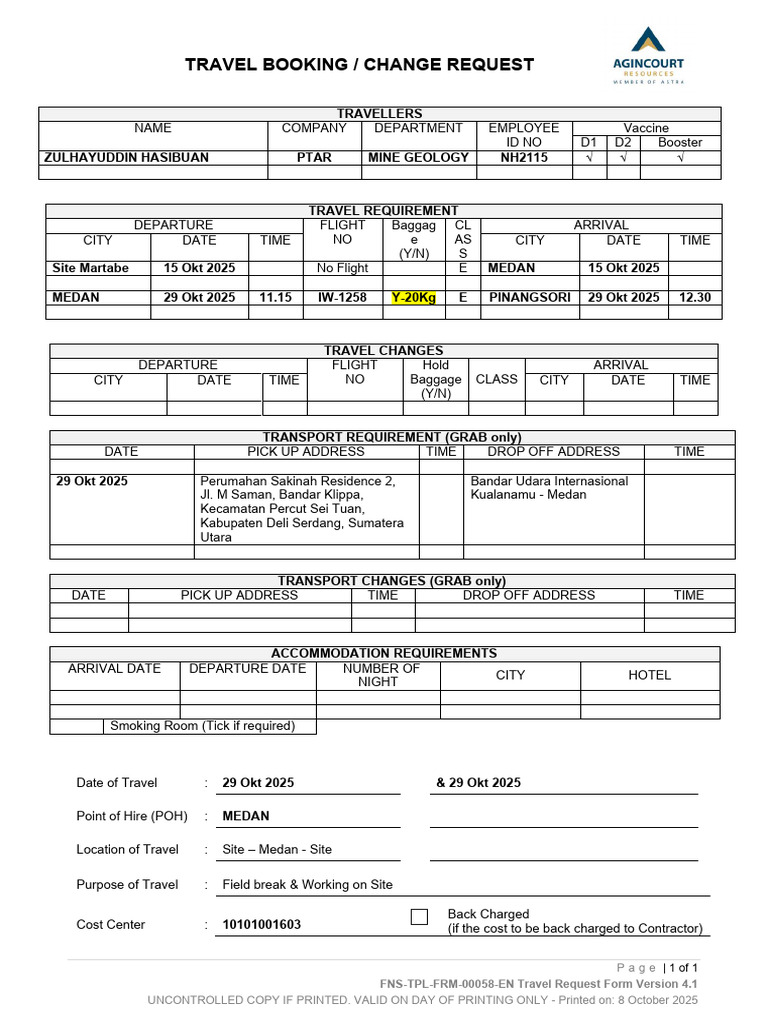 Travel Booking and Change Request Form | PDF