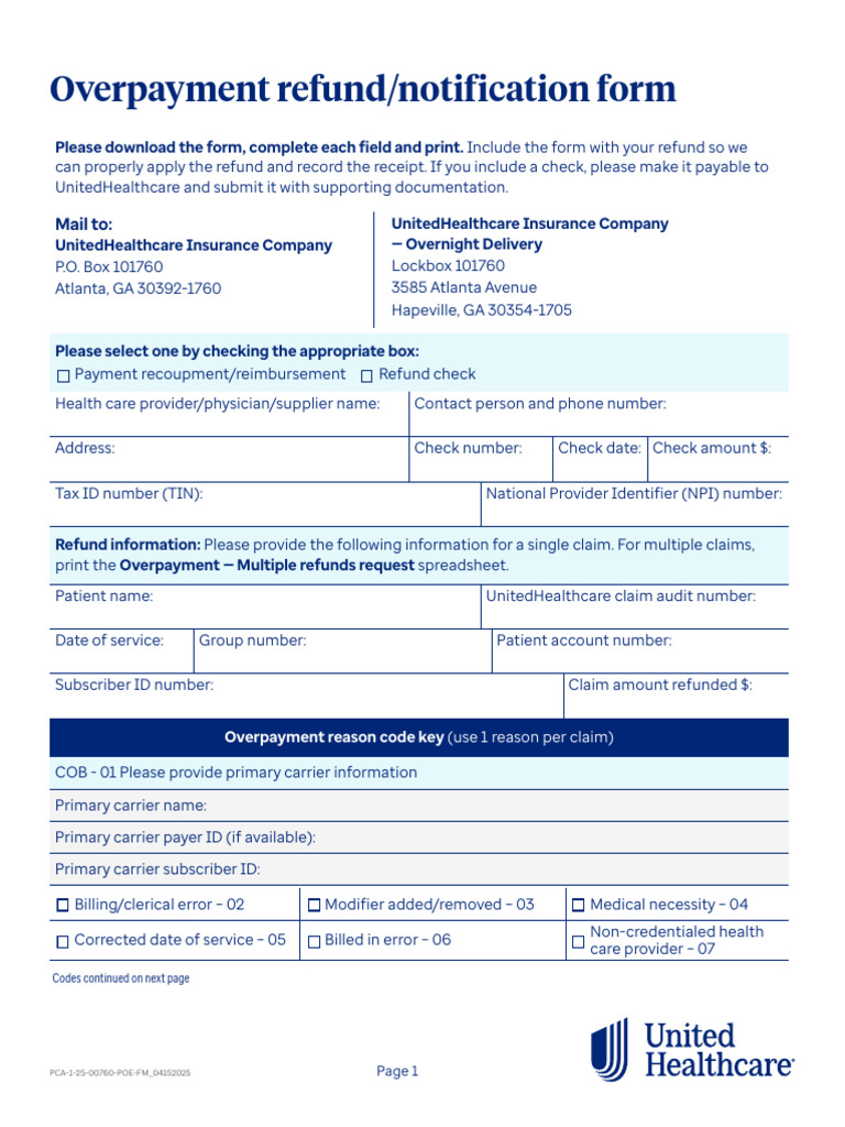 UnitedHealthcare Overpayment Refund Form | PDF