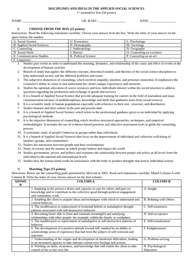 Applied Social Sciences Test Guide | PDF | Social Sciences | Psychotherapy