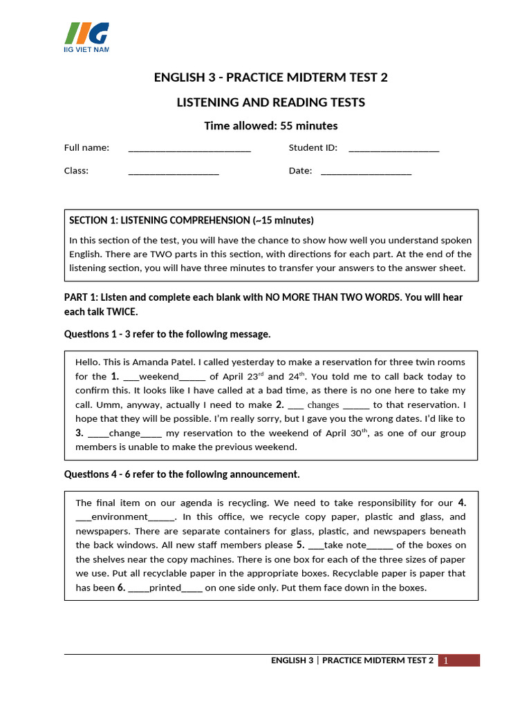 English 3 Practice Midterm Test 2 | PDF | Menu | Restaurants