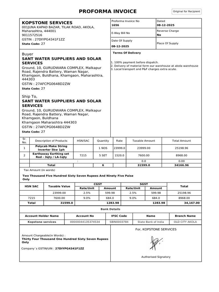 Proforma Invoice for Sant Water Suppliers | PDF | Taxation | Government ...