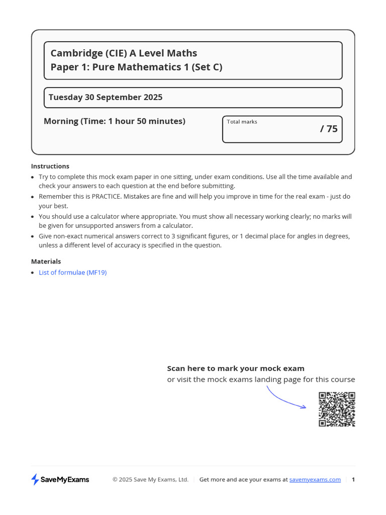 A Level Maths Mock Exam Paper 1 | PDF | Equations | Mathematical Objects