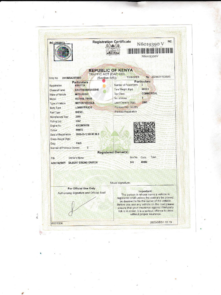 Vehicle Registration Certificate Overview | PDF