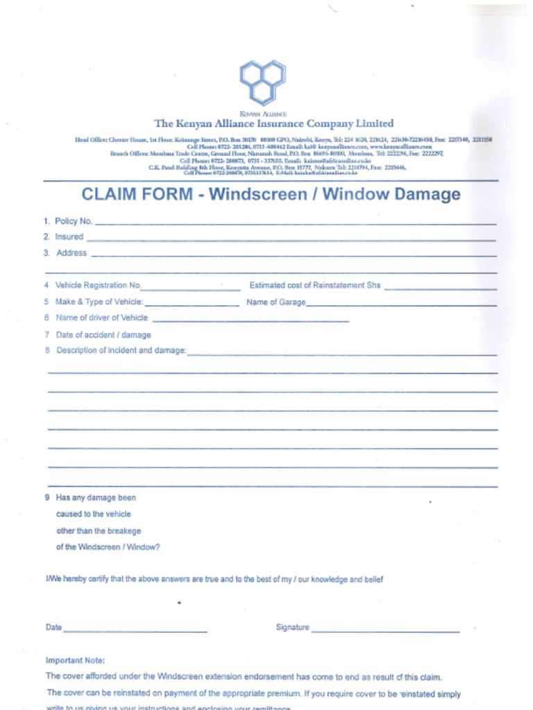 KENYAN ALLIANCE Windcreen Claim Form | PDF